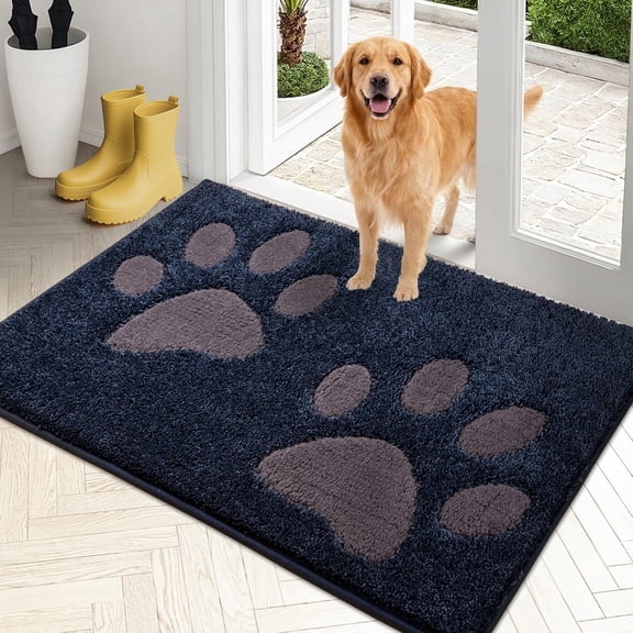 Dog Door Mats for Muddy Shoes and Paws, Non Slip Low-Profile Washable Indoor Doormats, Absorbent Dirt Trapper Entryway Rugs,16"x24" Navy Blue