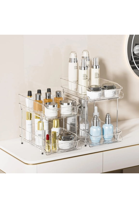 2 Pack Bathroom Plastic Under Sinks Organizer, 2 Tier Clear Cabinet Pull out Organizers Countertop 10.86'' Height