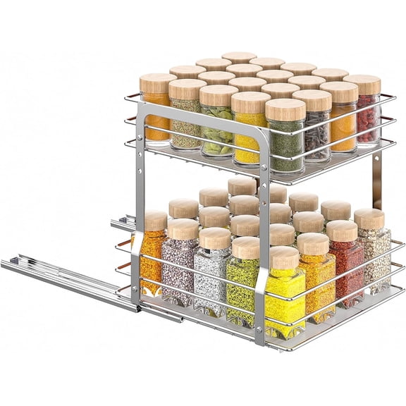 Delamu Pull Out Spice Organizer for Inside Cabinet, 2 Tier Spice Rack Organization for Cabinet, 9.65"W x 10.7"D x 10.24"H, Slide Out Seasoning Organizer, Silver
