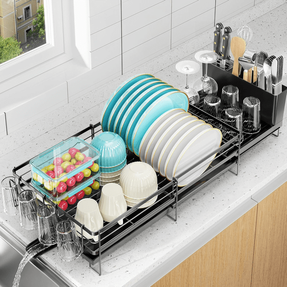 Delamu Extendable Dish Rack Kitchen Drainer Set, Dish Drying Rack with Utensil & Cup Holders, Black (11.8" W x 13.4"-28.7" L)