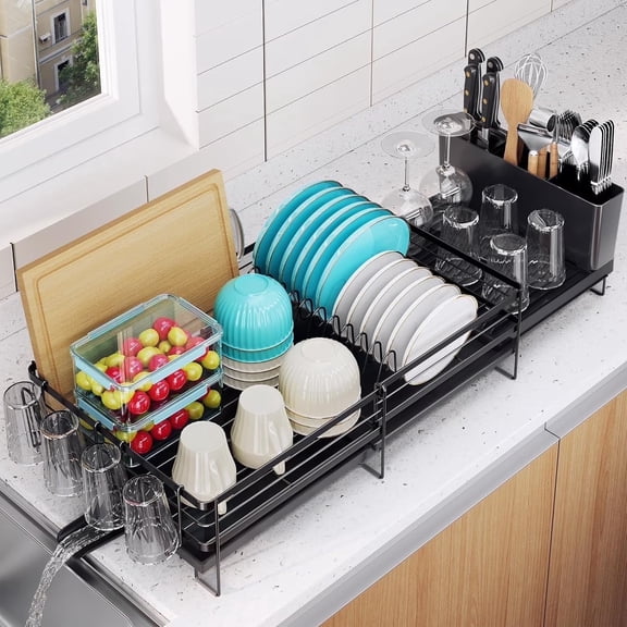 Delamu Extendable Dish Rack Kitchen Drainer Set, Dish Drying Rack with Utensil & Cup Holders, Black (11.8" W x 13.4"-28.7" L)