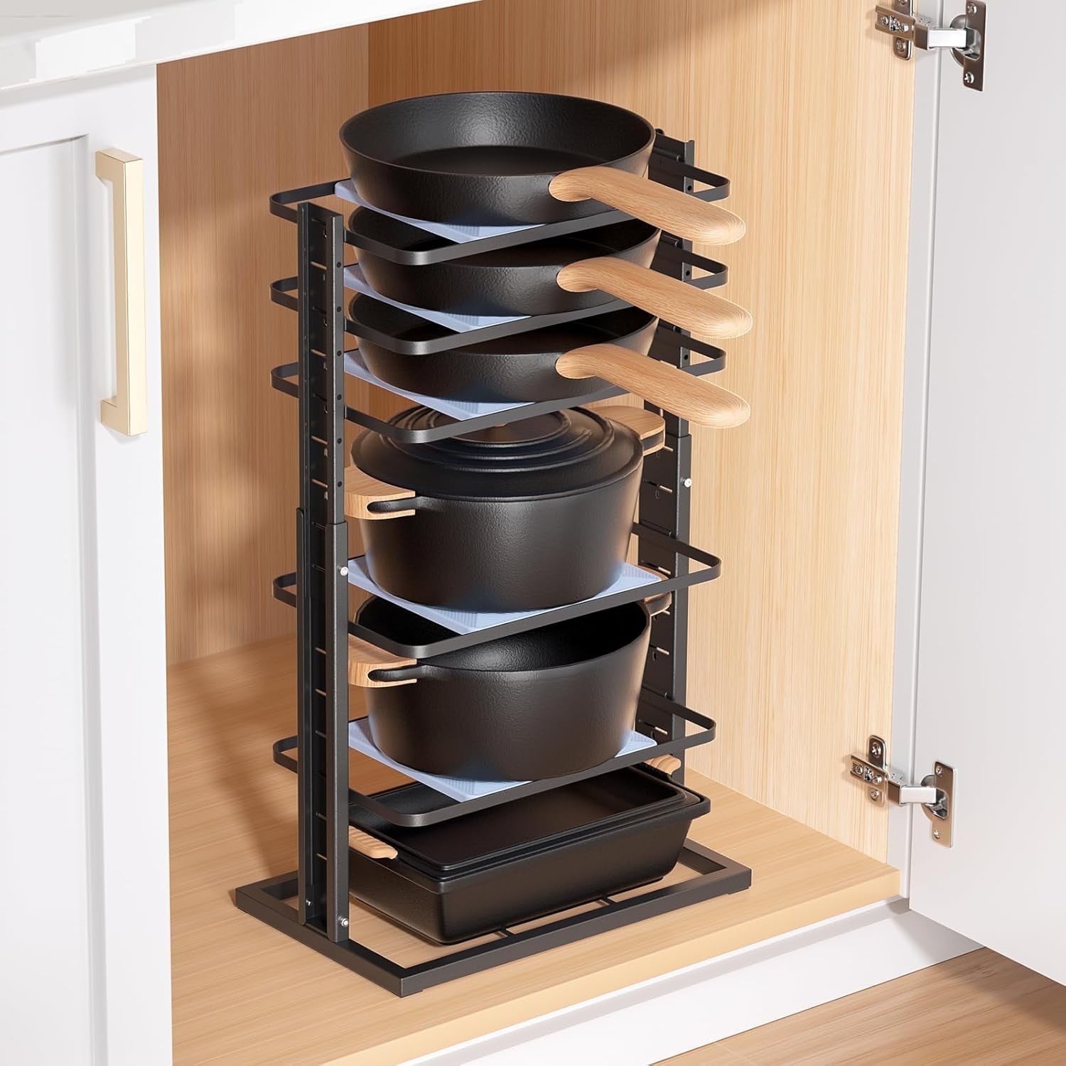 Delamu Pots and Pans Organizer for under Cabinet, 6-Tier Heavy Duty Adjustable Pan Pot Organizers inside Cabinet, Pot Rack for Kitchen Cabinet Organization and Storage, Black