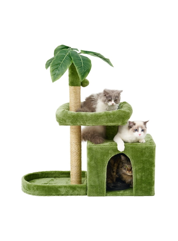 Mudie 31.5" Cat Tree Cat Tower for Indoor Cats with Green Leaves, Cat Condo Cozy Plush Cat House with Hang Ball and Leaf Shape Design, Cat Furniture Pet House with Cat Scratching Posts, Green