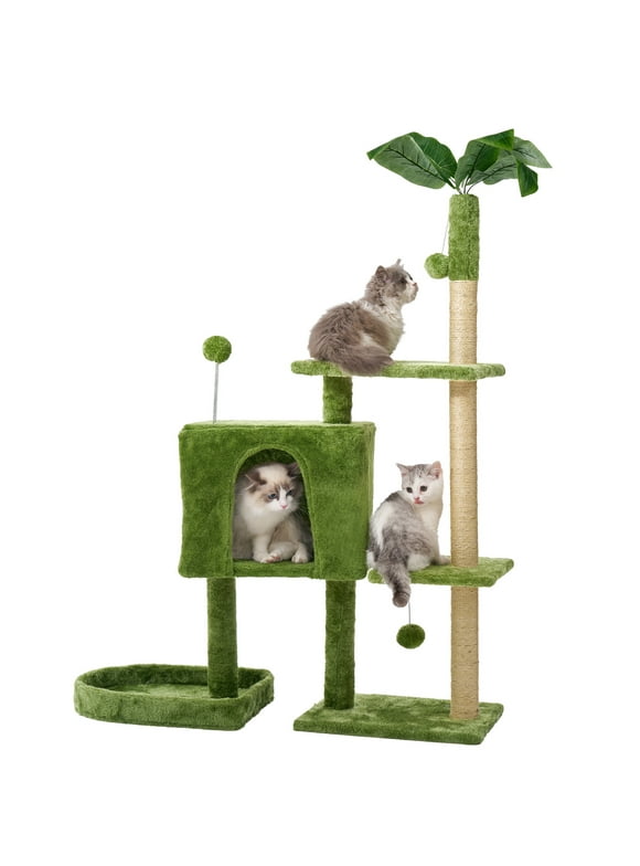 Mudie Cat Tree,52in Cat Tower for Indoor Cats, Cat Tree with Scratching Posts Plush Perch Stand, Cat Condo with Funny Toys Kittens Pet Play House,Green