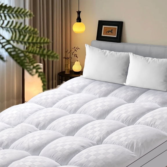Mudie Thick King Mattress Topper,Quilted Mattress Pad Cover,Breathable Fluffy Soft Mattress Protector for Ultimate Comfort and Support Perfect for All Sleepers,White