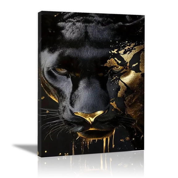 Mudket Black Gold Panther Abstract Canvas Wall Art, Luxury Modern Canvas Art for Living Room Bedroom Print for Executive Office Home Decor, Framed Ready to Hang - 20"L x 16"W