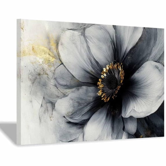 Mudket Black and Grey Flower with Gold Accents Canvas Wall Art, Framed Floral Print, Ready to Hang Wall Decor for Living Room Office, Modern Abstract Artwork - 12"L x 8"W