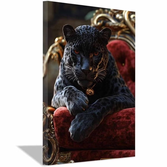 Mudket Black Leopard on Red Velvet Sofa Canvas Wall Art, Luxury Leopard Print Decor Framed Ready to Hang for Living Room Man Cave - 24"L x 16"W