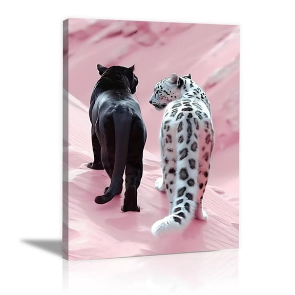 Mudket Black Panther & White Leopard on Pink Sand Dunes Canvas Wall Art, Dreamy Glam Canvas Art for Living Room Bedroom Print for Entryway Home Decor , Framed Ready to Hang - 12"L x 8"W