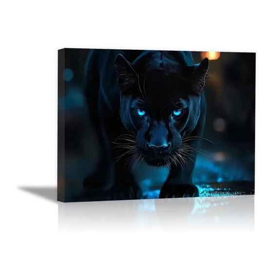 Mudket Blue Eyed Black Panther Night Scene Canvas Wall Art, Moody Modern Wildlife Cool Posters Print Waterproof Canvas for Man Cave Office Living Room Home Decor, Framed Ready to Hang - 12"L x 8"W