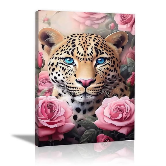 Mudket Blue Eyed Leopard Pink Rose Canvas Wall Art, Floral Wildlife Wall Prints Waterproof Canvas Art for Living Room Bedroom Bathroom Home Decor, Framed Ready to Hang - 12"L x 8"W