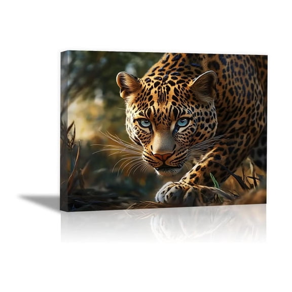 Mudket Blue Eyed Stalking Leopard Jungle Canvas Wall Art, Realistic Safari Wildlife Cool Posters Print Waterproof Canvas for Man Cave Office Living Room Home Decor, Framed Ready to Hang - 12"L x 8"W