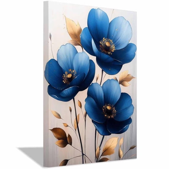 Mudket Blue with Gold Leaves on Light Background Canvas Wall Art, Framed Ready to Hang, Minimalist Floral Wall Decor for Living Room Bedroom Office, Neutral Botanical Artwork - 12"L x 8"W