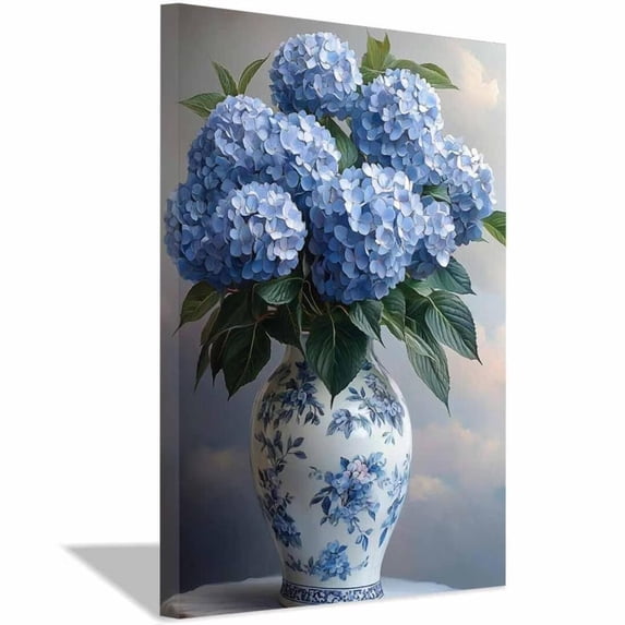 Mudket Blue Hydrangeas in Vase Canvas Wall Art, Framed Ready to Hang, Vintage Floral Wall Decor for Living Room Bedroom Kitchen, Farmhouse Botanical Print - 12"L x 8"W