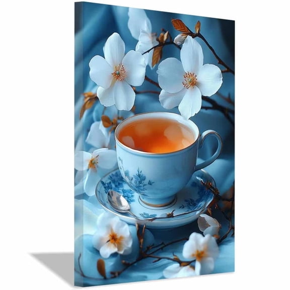 Mudket Blue Teacup with White Flowers Canvas Wall Art, Framed Ready to Hang, Cozy Floral Wall Decor for Living Room Bedroom Kitchen, Relaxing Botanical Artwork - 18"L x 12"W