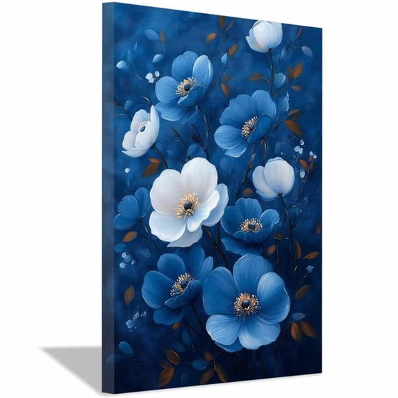 Mudket Blue and White Flower Canvas Wall Art, Abstract Floral Oil Painting Wall Decor, Modern Botanical Pictures for Living Room Bedroom, Framed Ready to Hang - 12"L x 8"W