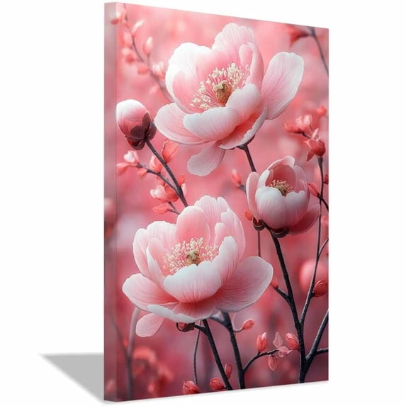 Mudket Blush Pink Blossom Canvas Wall Art, Framed Floral Wall Decor, Soft Botanical Flower Print for Bedroom Bathroom, Ready to Hang - 12"L x 8"W
