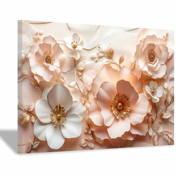 Mudket Blush Pink and White Flowers with Gold Trim Canvas Wall Art, Framed Floral Print, Ready to Hang Wall Decor for Living Room Bedroom, Luxury Artwork - 12"L x 8"W
