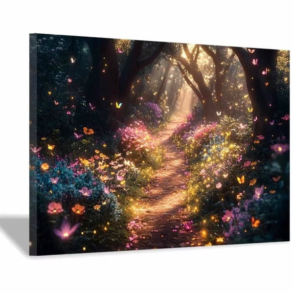 Mudket Canvas Wall Art Framed Ready to Hang Magical Firefly Forest Path Colorful Flower Butterfly Print, Wall Decor Canvas Artwork for Bedroom Living Room Room Office - 12"L x 8"W