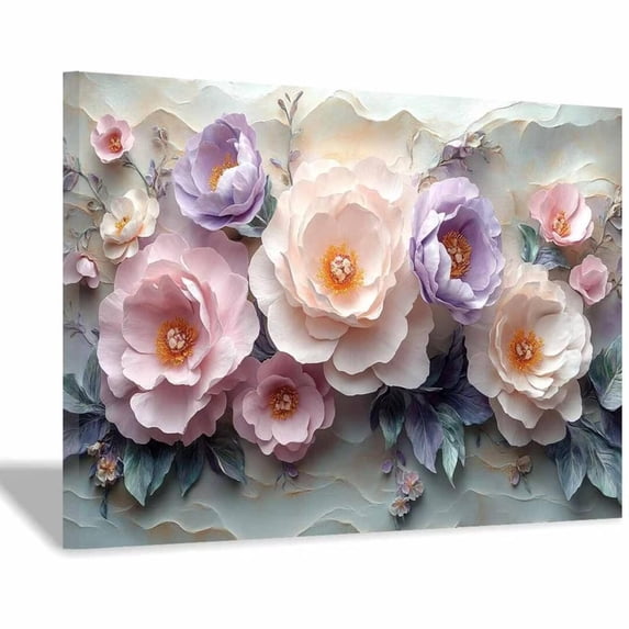 Mudket Canvas Wall Art Framed Ready to Hang White Peony Floral Canvas Print, Botanical Flower Wall Decor Artwork for Living Room Bedroom Entryway, Elegant Floral Wall Pictures - 12"L x 8"W