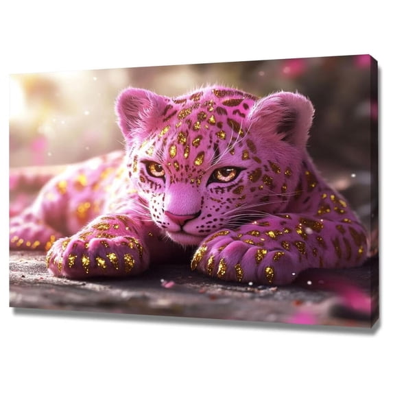 Mudket Cheetah Print Canvas Wall Art Pink & Gold Glitter Leopard Decor for Living Room Bedroom, Cute Trendy Wall Art for Girls & Women, Ready to Hang - 40"L x 28"W