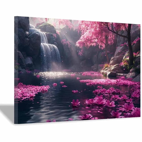 Mudket Cherry Blossom Waterfall Pond Landscape Canvas Wall Art, Floral Nature Wall Decor, Framed Ready to Hang Artwork for Living Room Bedroom Office - 12"L x 8"W