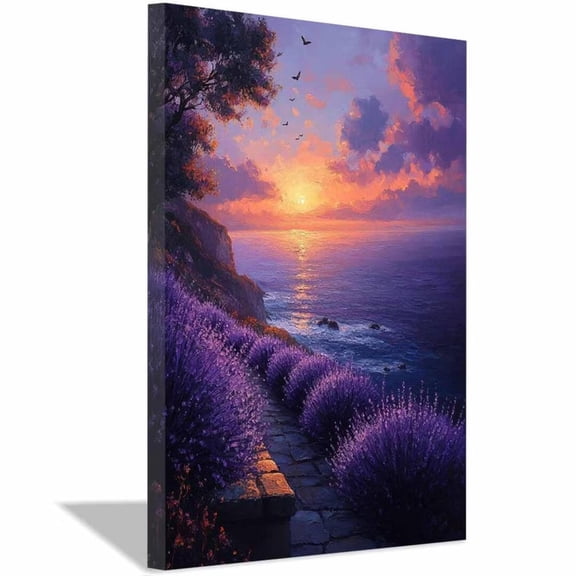 Mudket Coastal Lavender Path Sunset Canvas Wall Art, Framed Ready to Hang, Purple Floral Landscape Wall Decor for Living Room Bedroom, Ocean View Art - 12"L x 8"W