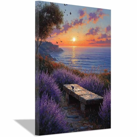 Mudket Coastal Lavender Sunset with Butterflies Canvas Wall Art, Framed Ready to Hang, Scenic Landscape Wall Decor for Living Room Bedroom, Nature Artwork - 12"L x 8"W