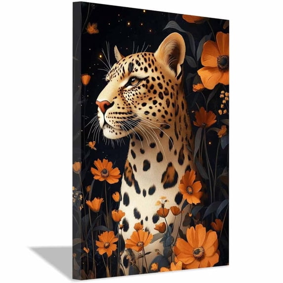 Mudket Floral Leopard Canvas Wall Art, Leopard with Orange Flowers Print Trendy Wall Decor Framed Ready to Hang for Living Room - 12"L x 8"W