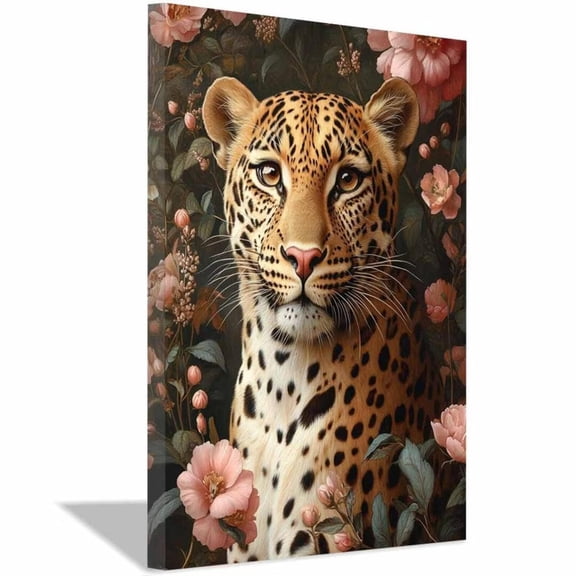 Mudket Floral Leopard Canvas Wall Art, Leopard with Pink Flowers Print Wall Decor Framed Ready to Hang for Living Room Bedroom - 12"L x 8"W