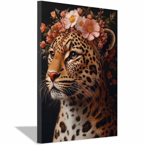 Mudket Flower Crown Leopard Canvas Wall Art, Floral Leopard Print Trendy Wall Decor Framed Ready to Hang for Living Room - 12"L x 8"W