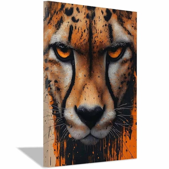 Mudket Framed Abstract Cheetah Canvas Wall Art, Orange and Black Wildlife Print Wall Decor, Ready to Hang for Men Office - 12"L x 8"W