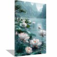 thumbnail image 1 of Mudket Framed,Botanical Canvas Wall Art,Ready to Hang,White Lotus Flower Mountain Lake Scenery Canvas Print,Zen Flower Wall Decor, for Bedroom Living Room Bathroom Decor - 12"L x 8"W, 1 of 10