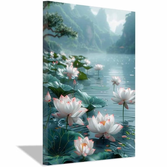 Mudket Framed,Botanical Canvas Wall Art,Ready to Hang,White Lotus Flower Mountain Lake Scenery Canvas Print,Zen Flower Wall Decor, for Bedroom Living Room Bathroom Decor - 12"L x 8"W