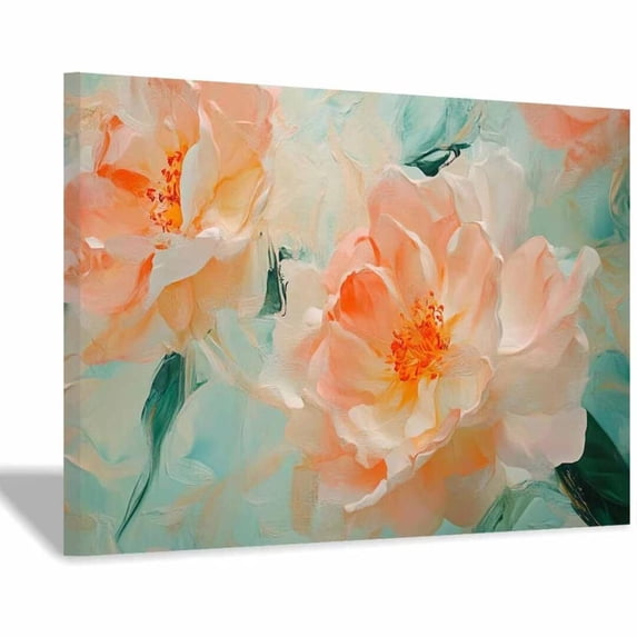 Mudket Framed Canvas Wall Art Blush Peach Peony Flower Mint Green Background Prints Wall Decor Floral Print Ready to Hang for Living Room Bedroom Farmhouse Decor - 12"L x 8"W