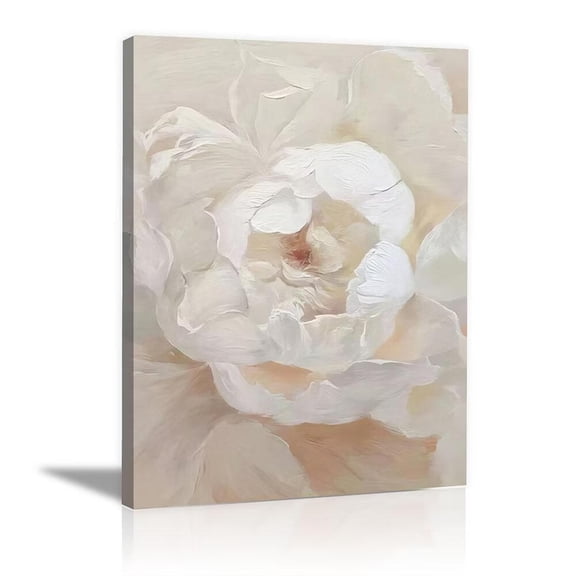Mudket Framed Canvas Wall Art, Cream White Peony Textured Oil Painting Style Wall Decor, Elegant Neutral Floral Waterproof Art Prints for Bedroom Living Room Bathroom Home Decor - 24"L x 16"W