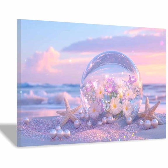 Mudket Framed Canvas Wall Art Daisy Starfish Pearl Pastel Beach Sunset Ocean Prints Wall Decor Tropical Floral Canvas Print Ready to Hang for Bathroom Bedroom Home Decor - 12"L x 8"W