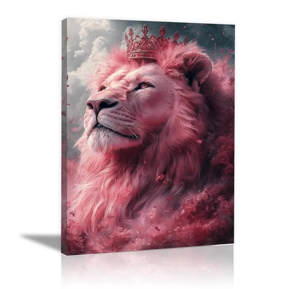 Mudket Framed, Canvas Wall Art Lion With Crown Floral Cloud Print, Ready to Hang, Romantic Animal Wall Decor, Trendy Pink Wall Art for Bedroom Living Room, Gift for Women - 12"L x 8"W