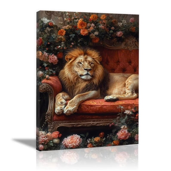 Mudket Framed, Canvas Wall Art, Majestic Lion Lying on Vintage Red Sofa Floral Canvas Wall Decor, Ready to Hang, Classic Jungle Art for Living Room Office - 12"L x 8"W
