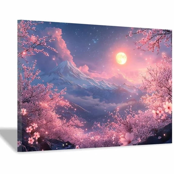 Mudket Framed Canvas Wall Art Mount Pink Sakura Tree Landscape Prints Wall Decor Dreamy Floral Scenic Canvas Print Ready to Hang for Living Room Bedroom Romantic Home Decor - 12"L x 8"W