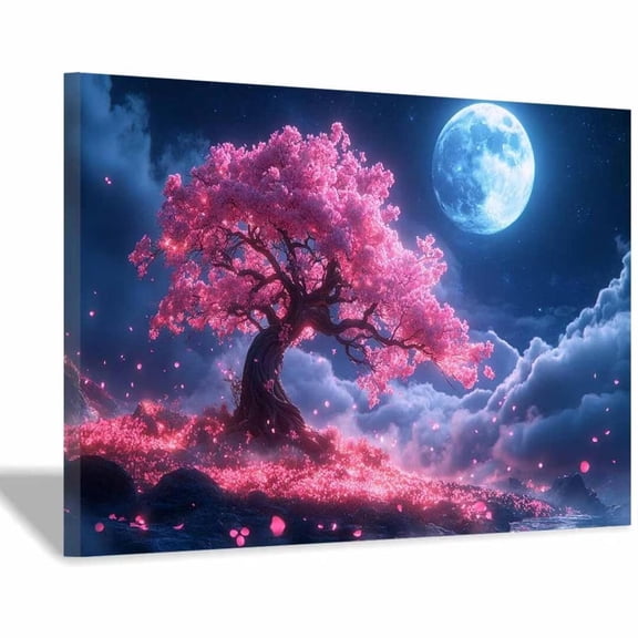 Mudket Framed Canvas Wall Art Pink Cherry Blossom Tree Cloud Landscape Prints Wall Decor Magical Floral Canvas Print Ready to Hang for Bedroom Living Room Wedding Decor - 12"L x 8"W