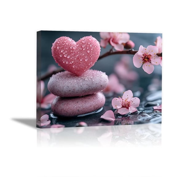 Mudket Framed Canvas Wall Art, Pink Heart Shaped Stones Cherry Blossom Wall Decor, Romantic Zen Spa Waterproof Ready to Hang Art Prints for Bedroom Bathroom Living Room Home Decor - 12"L x 8"W