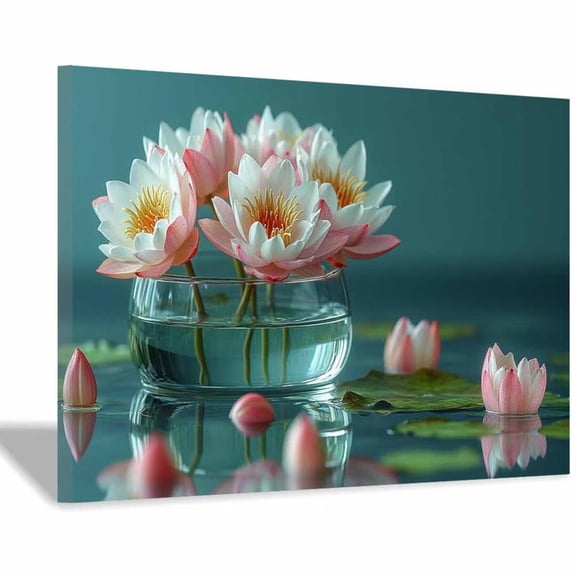 Mudket Framed Canvas Wall Art Pink Lotus Pond Prints Wall Decor Calming Botanical Spa Canvas Print Ready to Hang for Bedroom Bathroom Office Relax Wall Pictures - 12"L x 8"W
