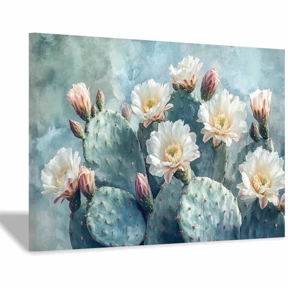 Mudket Framed Canvas Wall Art Prickly Pear Cactus White Blooms Soft Background Prints Wall Decor Southwest Botanical Canvas Print Ready to Hang for Kitchen Bedroom Decor - 12"L x 8"W