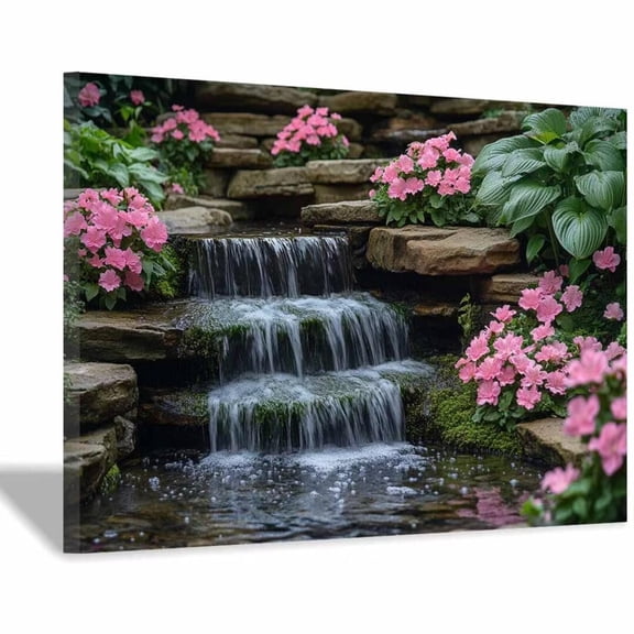 Mudket Framed Canvas Wall Art Ready to Hang Backyard Stone Tiered Waterfall Pink Azalea, Farmhouse Botanical Nature Wall Decor Canvas Artwork for Bathroom Living Room - 40"L x 28"W