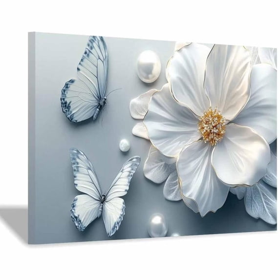 Mudket Framed Canvas Wall Art Ready to Hang,Blue Butterfly Pearl White Gold Floral Wall Art, Botanical Flower Wall Decor, Floral Artwork for Bedroom Living Room Wedding Decor - 12"L x 8"W