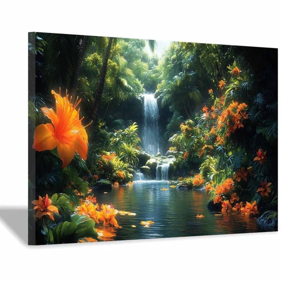 Mudket Framed Canvas Wall Art Ready to Hang Orange Lily Print, Colorful Botanical Landscape Wall Decor Canvas Artwork for Living Room Bedroom Office, Jungle Flower Wall Pictures - 12"L x 8"W