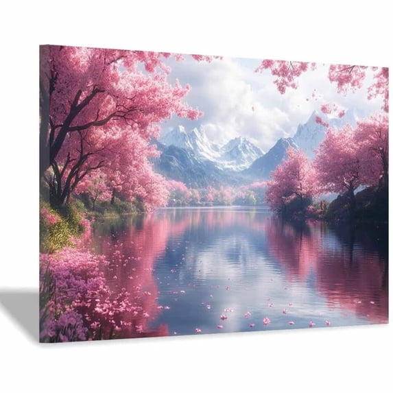 Mudket Framed Canvas Wall Art Ready to Hang Pink Cherry Blossom Snow Mountain Lake Landscape Print, Nature Botanical Wall Decor Artwork for Living Room Bedroom Office Wedding - 12"L x 8"W