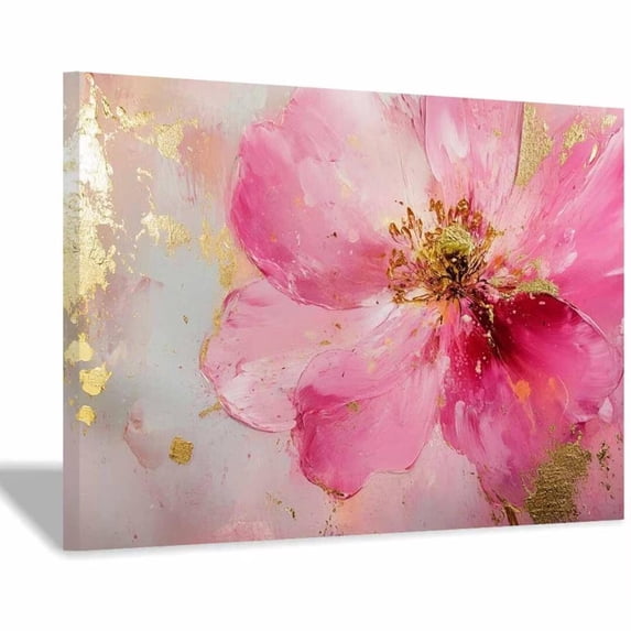 Mudket Framed Canvas Wall Art Ready to Hang, Pink Flower Gold Print, Modern Floral Wall Decor Canvas Artwork for Living Room Bedroom Office, Flower Pictures - 12"L x 8"W
