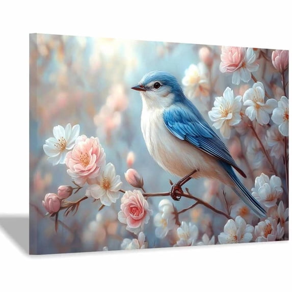 Mudket Framed,Canvas Wall Art,Ready to Hang, White Blossom Blue Bird Floral Canvas Print, Vintage Flower Wall Decor, Wall Pictures for Bedroom Bathroom Cottage Office Decor - 12"L x 8"W